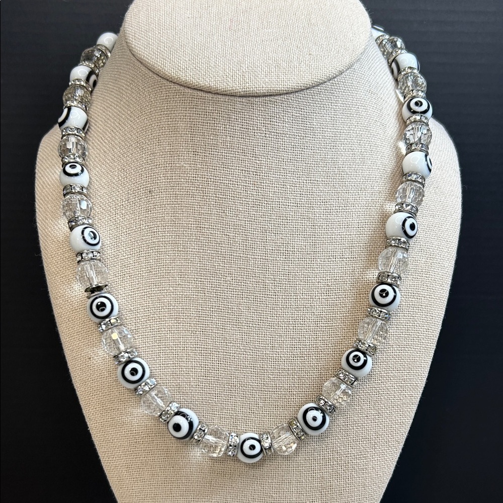 Black and white evil eye glass beads with crystal and rhinestone spacers
